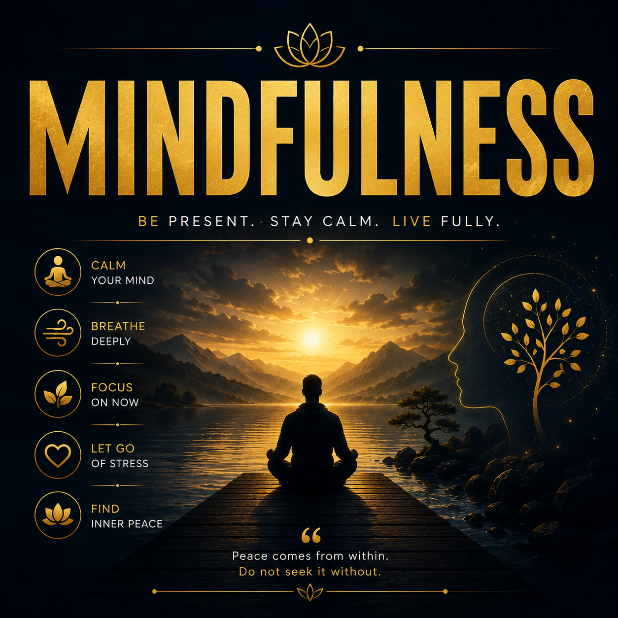 Artistic representation of mindfulness techniques for peace, calm, and stress relief, promoting the practice of Mindfulness.