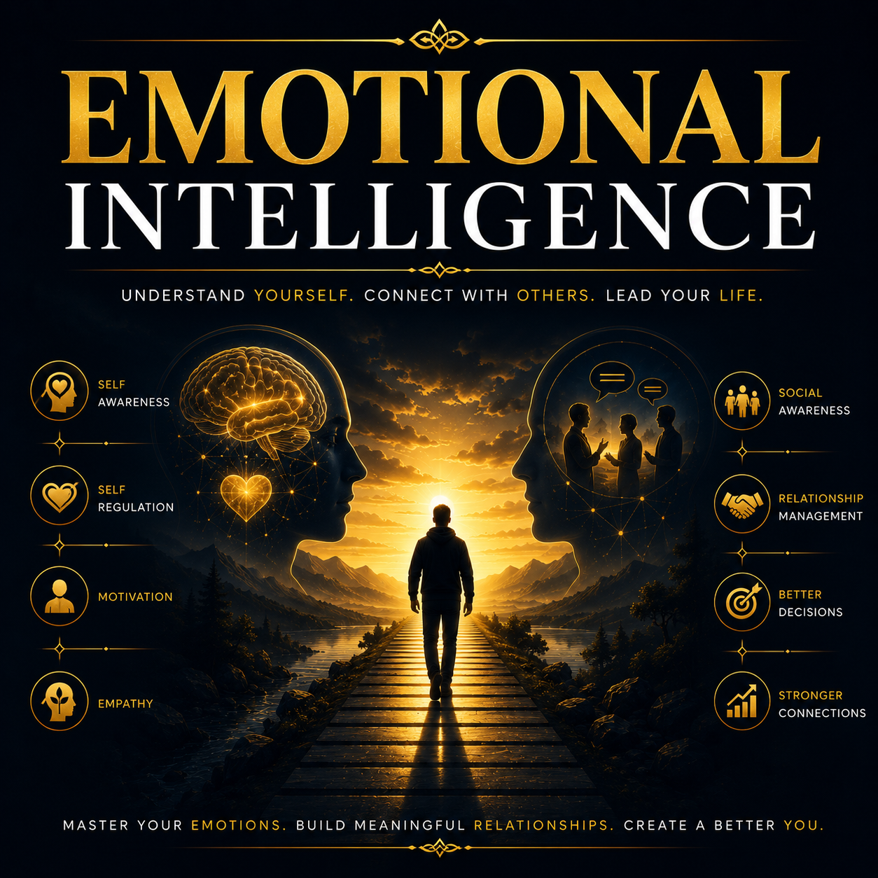 Emotional Intelligence graphic illustrating self-awareness, motivation, empathy, and relationship management for personal growth.