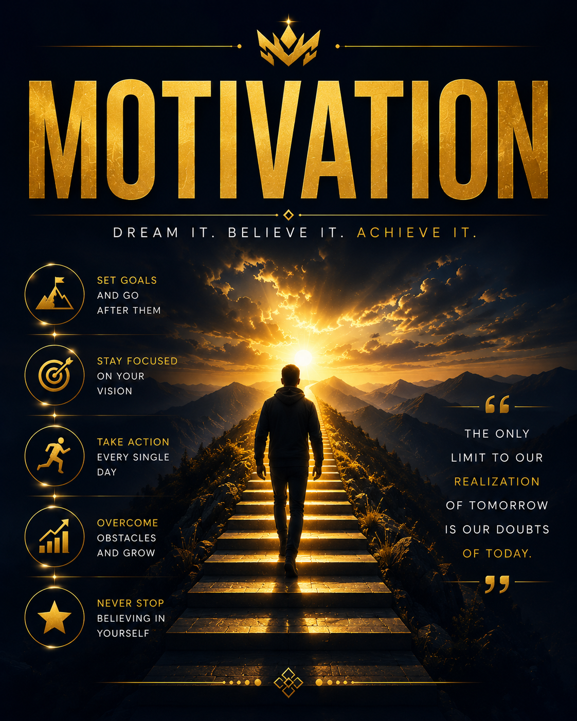 Motivation poster featuring inspiring quotes and action steps for achieving goals and personal growth.