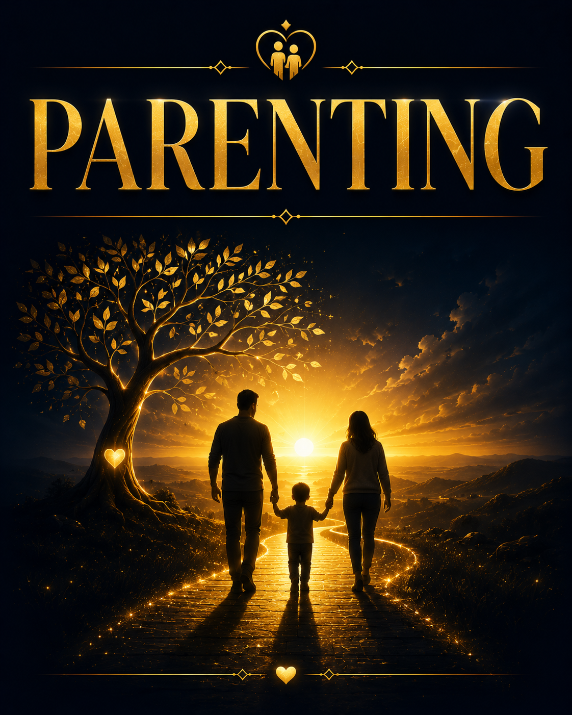 A family holding hands at sunset, surrounded by trees, symbolizing the journey of Parenting.