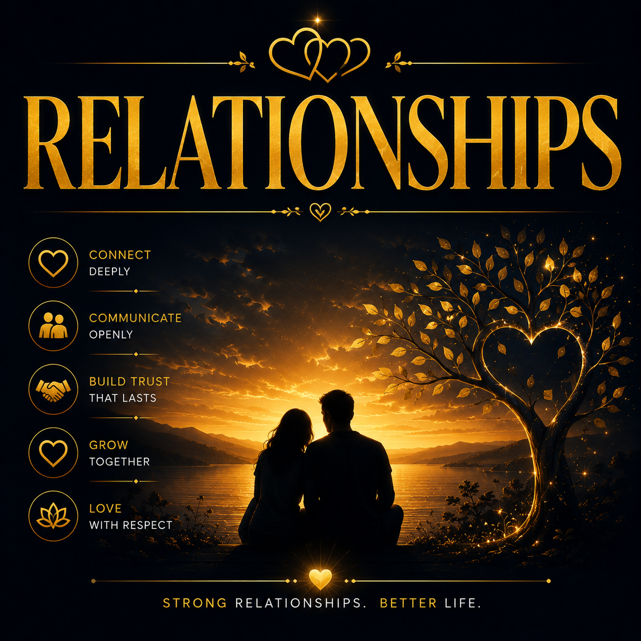 Visual representation of Relationships emphasizing connection, communication, trust, growth, and love.