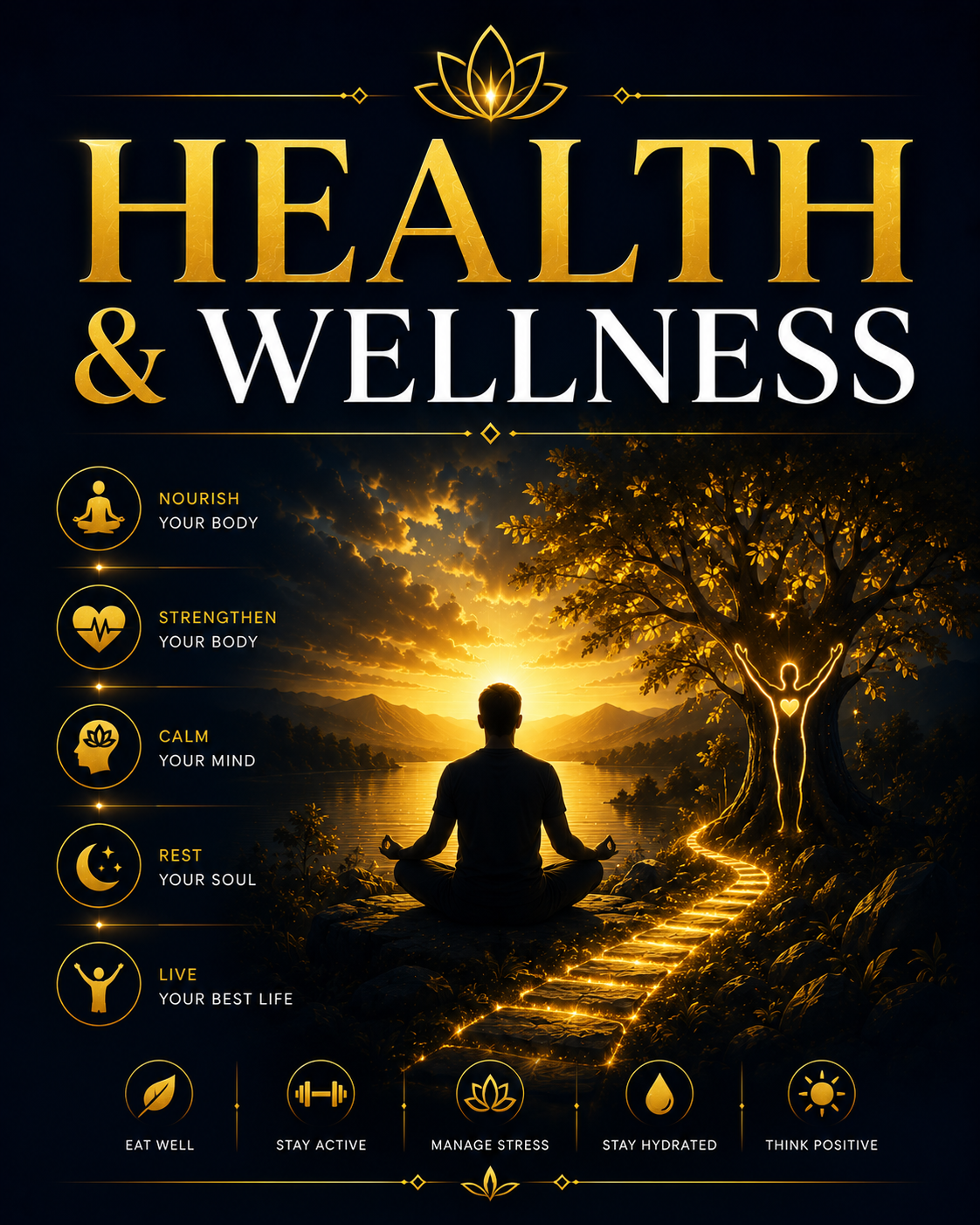 Health & Wellness poster featuring tips to nourish, strengthen, calm, and manage stress for a balanced lifestyle.