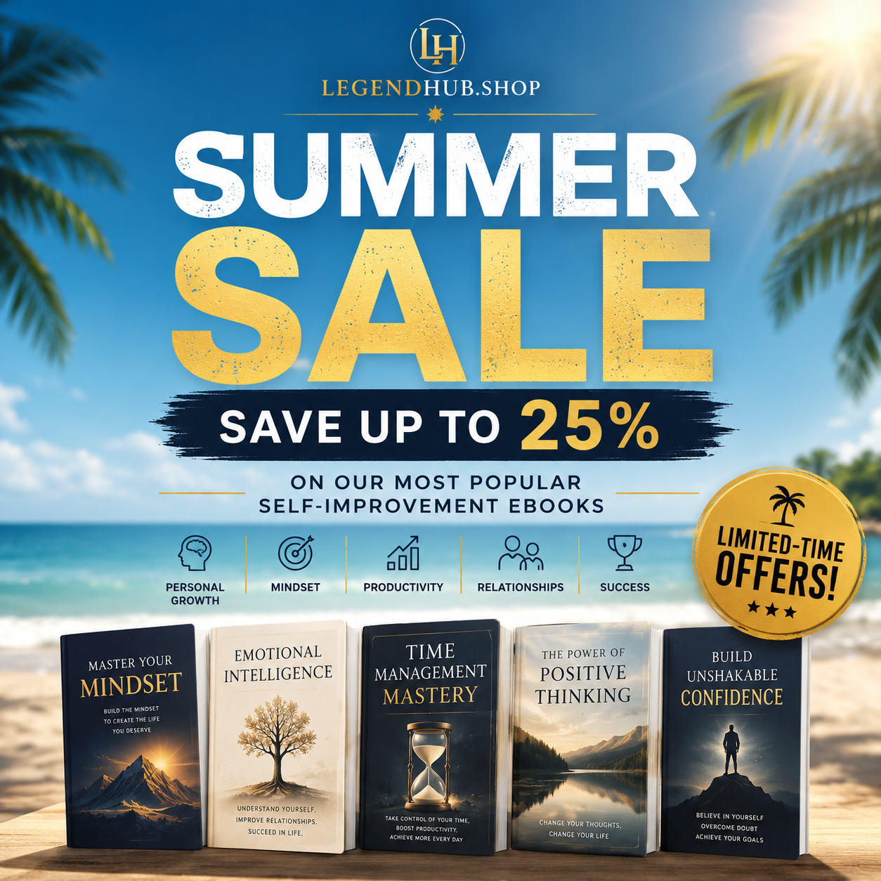 Summer Sale promotion featuring popular self-improvement eBooks with up to 25% savings.